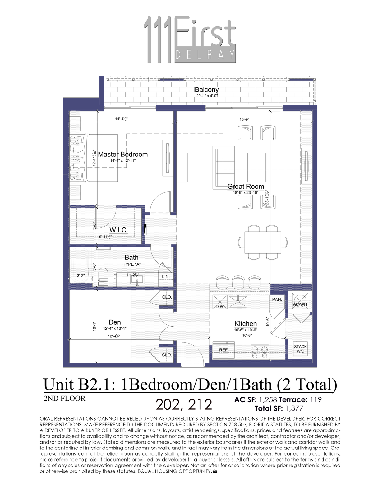 111 First Delray Unit B2.1 One Bedroom Den One Bath Floor Plan